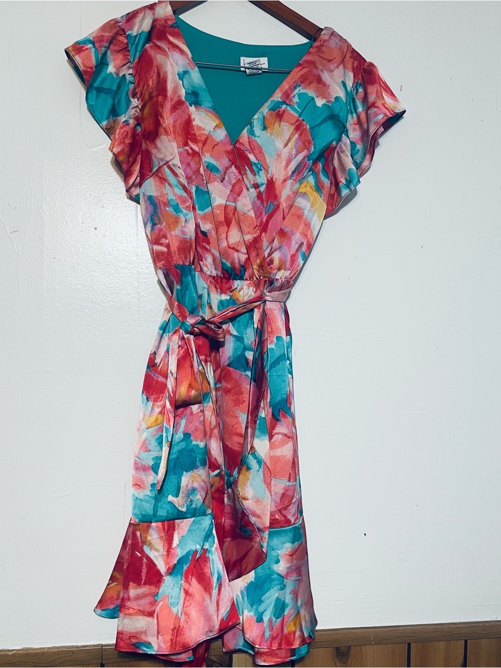 Nicole Miller Teal & Coral Floral High-Low Wrap Dress